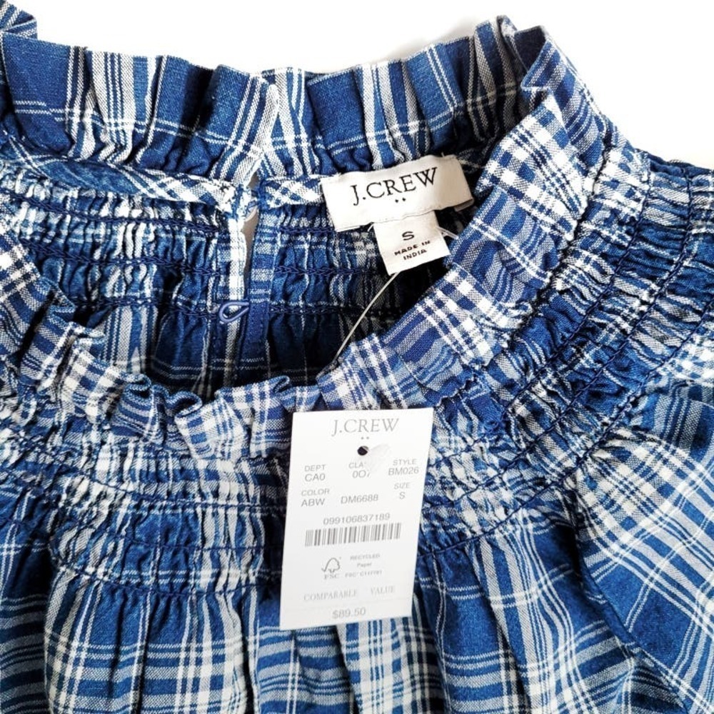 New J. Crew Small Plaid Ruffleneck Smocked Top NWT - Picture 2 of 6